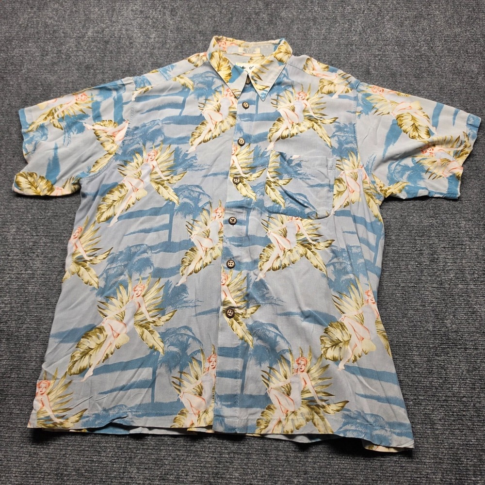 Vintage Ron Chereskin Hawaiian Shirt Mens XL Rayon Pin Up Girl Aloha Blue